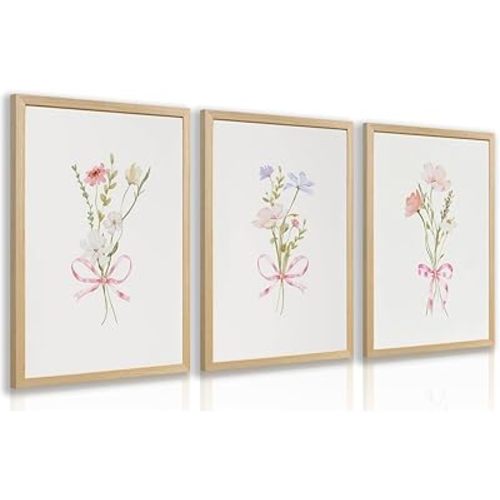 Msziryn Wood Framed Pink Floral Wall Art Set of 3, Coquette Bow Botanical Poster Print, Soft Pastel Wildflower Decor, Minimalist Cottagecore Flower Artwork for Bedroom Bathroom Nursery 16x24 Inch