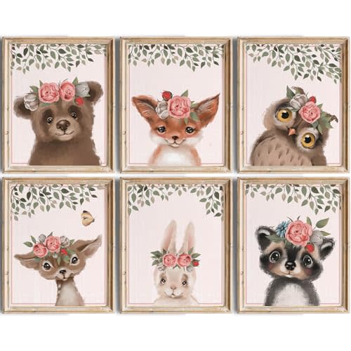 DREAM BIG PRINTABLES Woodland Animals Nursery Wall Art Prints (Set of 6) - Unframed - 8x10s | Set Includes Bear, Fox, Owl, Deer, Bunny Rabbit, and Raccoon wearing Floral Crowns