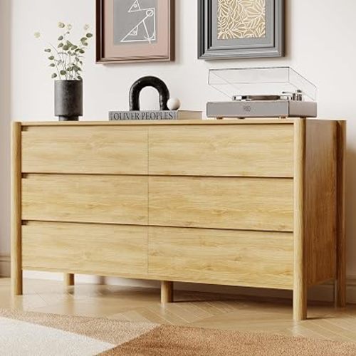 HOUROM Oak Dresser for Bedroom,47" Wide 6 Drawer Mid Century Modern Chest