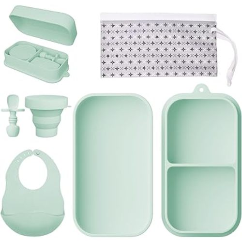 Travel Silicone Baby Feeding Set Portable Toddler Feeding Supplies Toddler Plates and Bowls Set Baby plates with Suction With spoon and cup, bib and waterproof storage bag