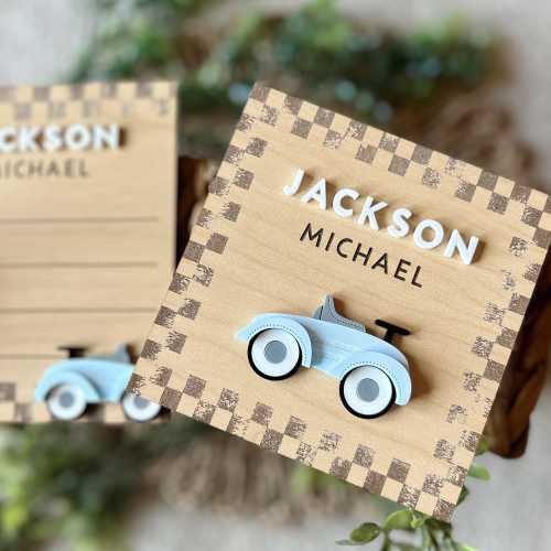 Baby Name Announcement Sign, Vintage Race Car Hospital Baby Plaque, Checkered Newborn Announcement, Racing Nursery Name Sign, Fresh 48