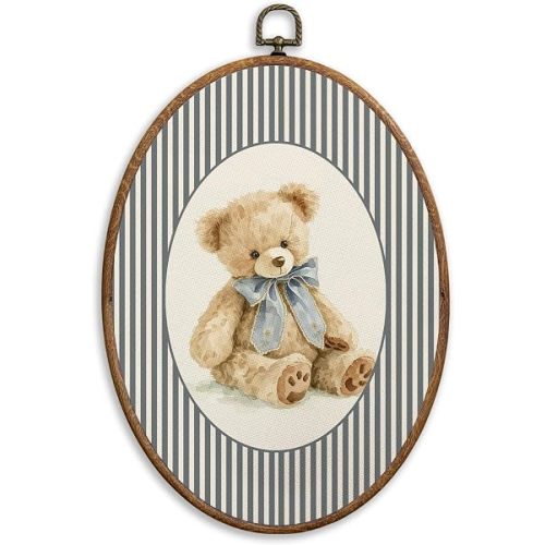 SONMYSULIL Bear Boy Girl Nursery Wall Art Decor, Kids Room Oval Wall Hanging Decor, Cute Blue Bow Bear Framed Canvas Prints for Kids Toddler Boy Girl Nursery Room Bedroom Playroom, 8.6x11.4 Inch
