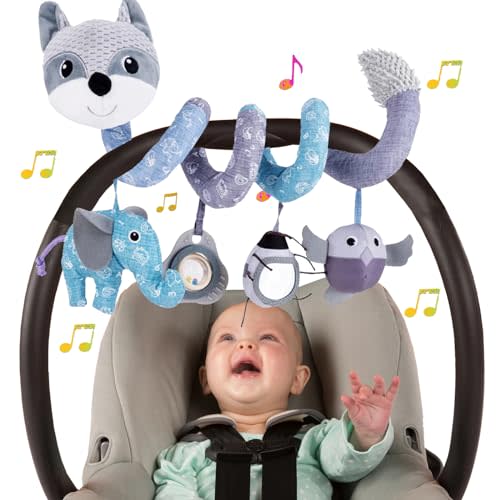 Car Seat Toys, Baby Toy 3-6 Months Carseat Stroller Toys Infant Spiral Activity Toy 0-3 Month, Hanging Car Toys for Babies 0-6 Months Newborn Boys Girls with Music Rattle Squeaker - Gray Fox