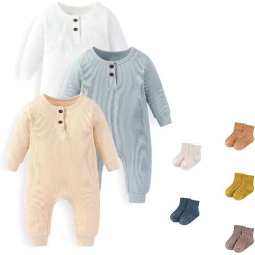 Unisex Long Sleeve Baby Romper And Sock Solid infant Boy Girl Jumpsuits 0-24Months New Born Outfits