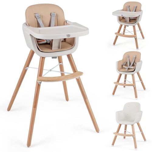 BABY JOY Baby High Chair, 3-in-1 Convertible Wooden Highchair for Babies & Toddlers, Infant Feeding Chair w/ 5-Point Safety Harness, Footrest, Adjustable Legs, Removable Tray & PU Cushion (Brown)