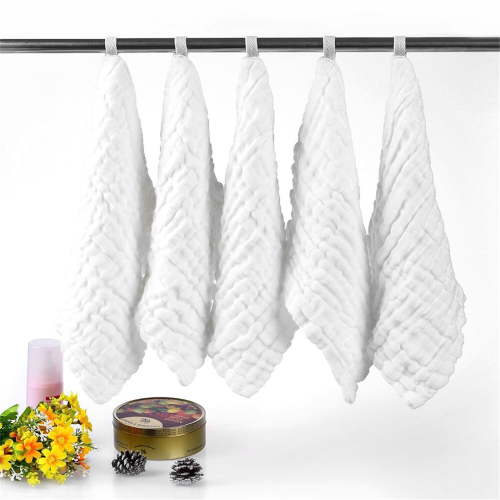 Baby Washcloths and Burp Cloths, Absorbent Cotton Muslin Baby Towels, Large Soft Breathable Newborn Essentials for Boys and Girls, Newborn Essentials, White-5 Pack, 11.8"x11.8"