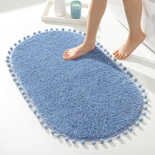 YIRDDEO Oval Rug for Bathroom, Cute Boho Bath Mat with Pom, Dusty Blue