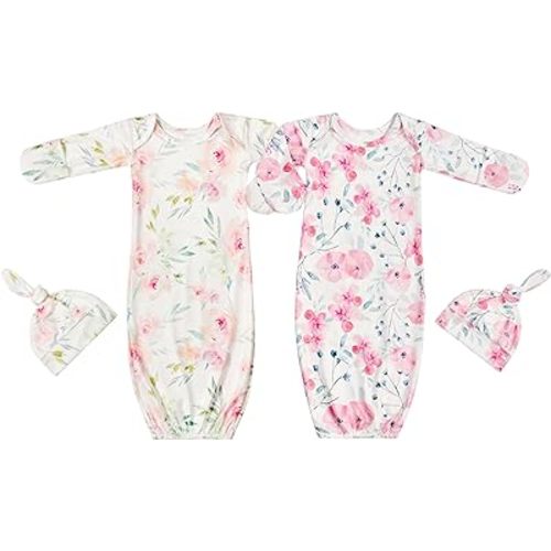 Newborn Baby Sleeper Gown with Hat Knotted Gown Nightgown Coming Home Outfits for Baby Girl 2 Pieces Set