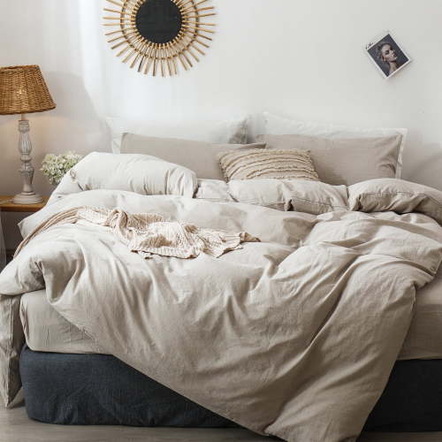 MooMee Duvet Cover Set Queen 100% Washed Cotton Linen Like Textured Breathable 3-Piece (Tannish Linen Grey, 90"x90")
