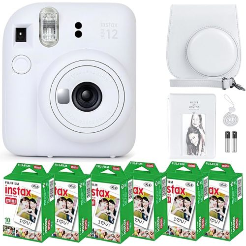 Fujifilm Instax Mini 12 Instant Camera Clay White and Fuji Film Value Pack (60 Sheets) Bundle with Sturdy Tiger Accessories, Carrying Case, Photo Album 64 Pockets