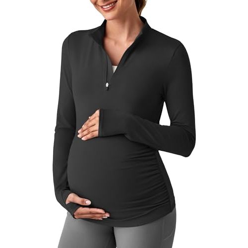 G4Free Lightweight Maternity Long Sleeve Workout Tops UPF 50+ Rash Guard Half Zip Sun Shirts Ruches Pregnancy Pullover