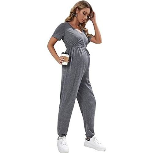 OYOANGLE Women's Maternity V Neck Short Sleeve Drawstring High Waist Loose Long Pants Casual Jumpsuit