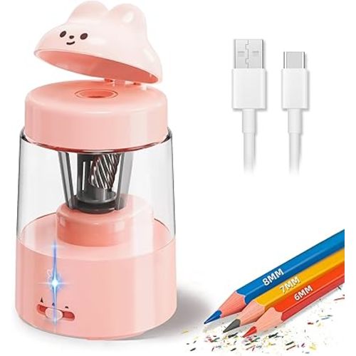 ZMOL Colored Pencil Sharpener for Kids Gift, Rechargeable Electric Pencil Sharpener, Auto Stop, Pencil Sharpeners for Battery Powered Cute No.2/Colored Pencils (6-8mm), Classroom/Office/Home (Pink)