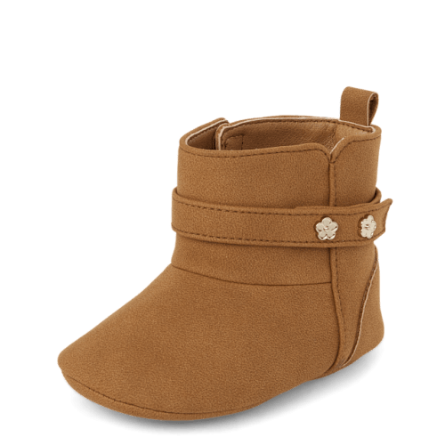 Baby Girls Flower Stud Booties - Tan