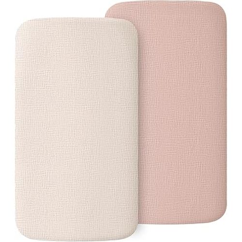 2 Pack Muslin Fitted Bassinet Sheets for Babies, Soft & Breathable 100% Cotton Bedside Sleeper Bassinet Sheet, Moses Basket Oval Rectangle Pad/Mattress (Pink)