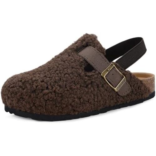 Kids Clogs Toddler Fuzzy Clog Slippers with Strap Boys Girls Cork Footbed Mules Classic Slip On Fleece Potato Shoes with Adjustable Buckle