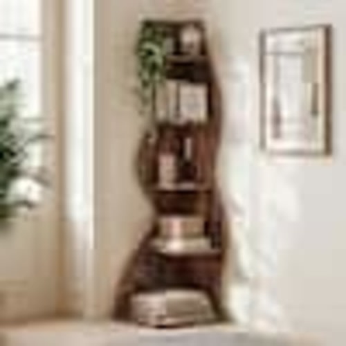 BYBLIGHT Eulas 69.8 in. Tall Rustic Brown Wood 5-Shelf Standard Bookcase Corner Bookshelf with Storage Shelf and Curvy Shape BB-J0277ZHY
