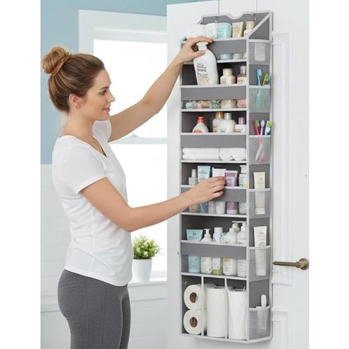 Over the Door Hanging Organizer for Bathroom & Nursery - 6 Shelf Closet Door Organizer, Anti Tilt 50LB Load Baby Behind Door Storage with 6 Large Clear Front & 12 Mesh Pockets, Small Space Essentials