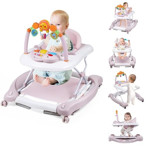 Boyro Baby Baby Walker, 5-in-1 Baby Walkers for Boys and Girls 6-12 Months with Bouncer, Removable Footrest, Feeding Tray & Music, Foldable & Adjustable Activity Walker for 6-18 Months Toddler Infant