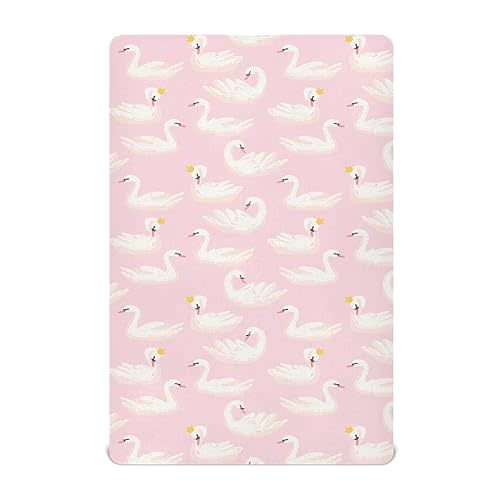 KICPOAY Fitted Crib Sheets Pink Cute Swan Animals Stretchy Portable Playard Sheets for Baby Toddler, Breathable Soft Mini Crib Mattress 39 x 27 in for Boys and Girls