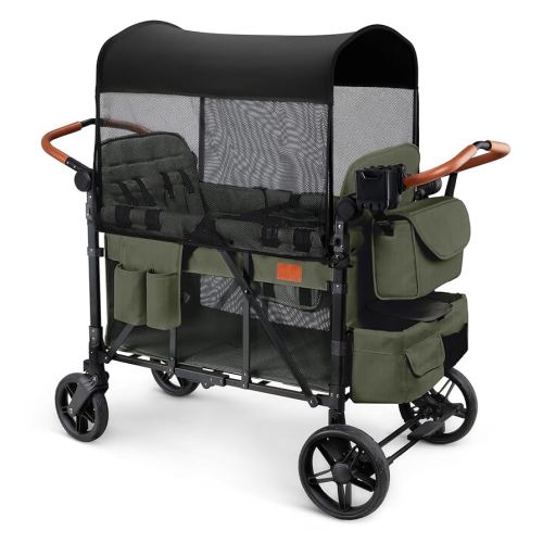 Wagon Stroller for 4 Kids, All-Terrain Wagon for Toddler with Canopy, Parent Organizer, Shoulder Bag, Adjustable Handlebar, Phone Holder, High Seat & 5 Point Harness, Ultimate Quad (Green)