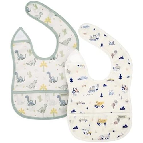 haakaa Waterproof Baby Bibs for Eating, Soft & Lightweight Toddler Bibs with Food Pocket, Easy Wipe Clean, Ages 6–24M, 2 Pack
