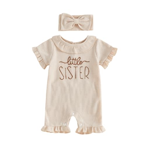 Newborn Baby Girl Summer Outfit Romper Hi I'm New Here Embroidery Ruffle Jumpsuit Infant Waffle Knit Clothes