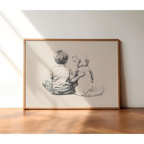 Golden Retriever and Boy Nursery Print: Retro Dog Sketch Art (Digital Download)