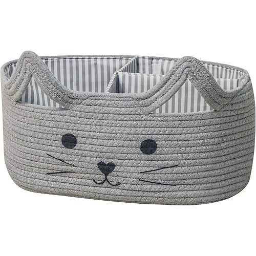 T&T Homewares Diaper Caddy Organizer, Cotton Rope Diaper Caddy Basket, Baby Shower Basket, Nursery Storage Bins, Newborn Caddie- Cat, Fox, Penguin (Grey Cat)