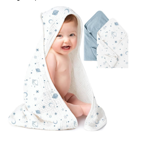 Konssy 2-Pack Muslin Hooded Baby Towels, 100% Cotton, Ultra-Soft & Absorbent Baby Bath Towels with Hood for Newborn & Infant (Blue, Star,32" x 32")