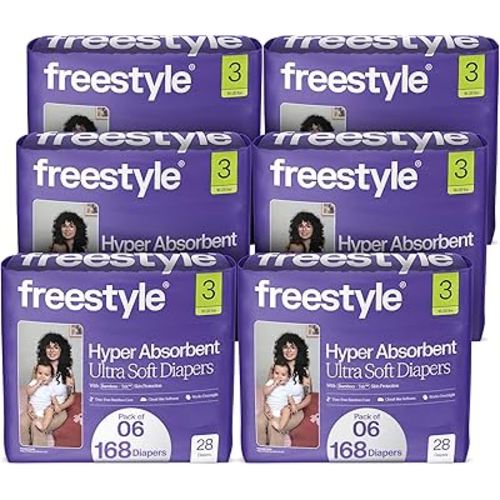 Freestyle BambooTek Diapers – (Size 3) Hyper Absorbent & Non-Toxic – Disposable Diapers for Sensitive Skin – Ultra Soft Diapers (16-28 lbs) – 168 Count
