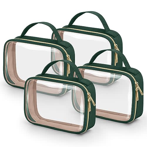 Wedama TSA Approved Toiletry Bag, 4 Pack Clear Makeup Bags with Handles, Quart Size Clear Toiletry Bags, PVC Cosmetic Bags for Women and Men, Carry on Airport Airline Compliant Bag, Dark Green