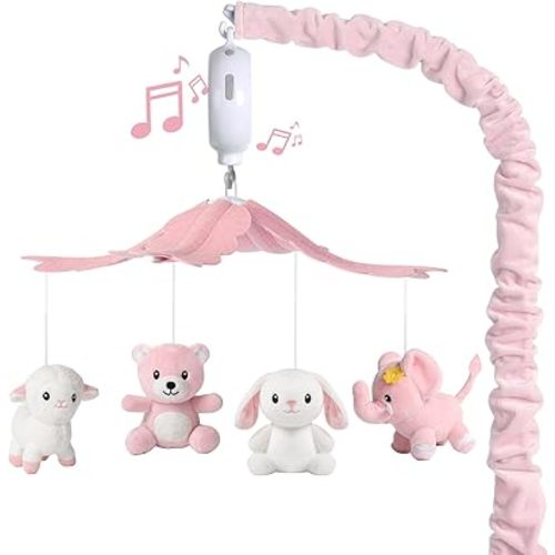 Baby Crib Mobile for Girls, Soft Plush Woodland Characters Rabbit Elephant Bear Sheep, Pink and White Nursery Decor, Calming Soother with 12 Lullabies Essential and Perfect Gift for Girls