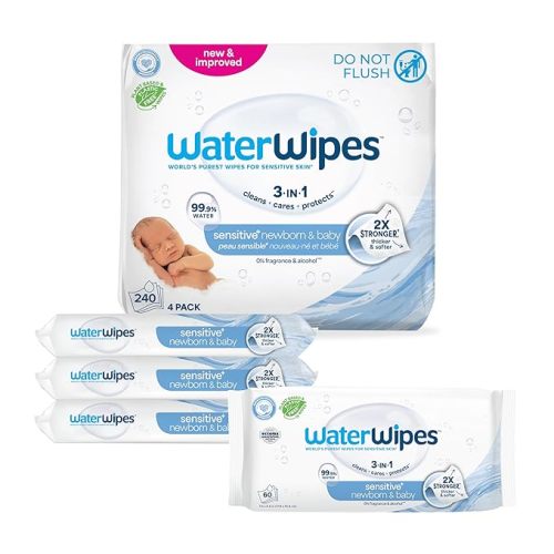 WaterWipes Sensitive+ Newborn & Baby Wipes, 3-In-1 Cleans, Cares, Protects, 99.9% Water, Unscented & Hypoallergenic, 240 Count (4 Packs)