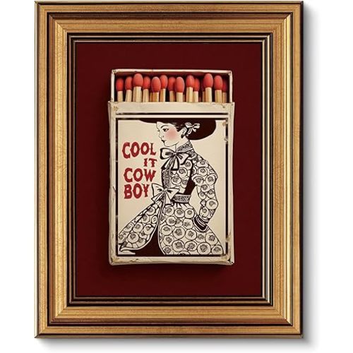 XJYISUO Vintage Gold Framed Wall Art Western Cowboy Wall Decor Southwestern Cowgirl Canvas Art Red Matchbox Pictures Burgundy Paintings Trendy Artwork for Living Room Bedroom Dorm