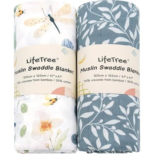 LifeTree Baby Swaddle Blankets, Boys Girls Muslin Swaddling Wrap Receiving Blanket for Newborn, 70% Viscose from Bamboo and 30% Cotton, Large 47" x 47", Blue Floral and Leaf