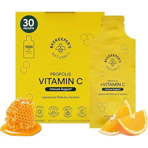 Propolis Liposomal Vitamin C by Beekeeper's Naturals, 1000mg Vitamin C, Propolis & Organic Honey, Supercharged Immune Support & Increased Bioavailibity for Max Absorption, 30 Ct