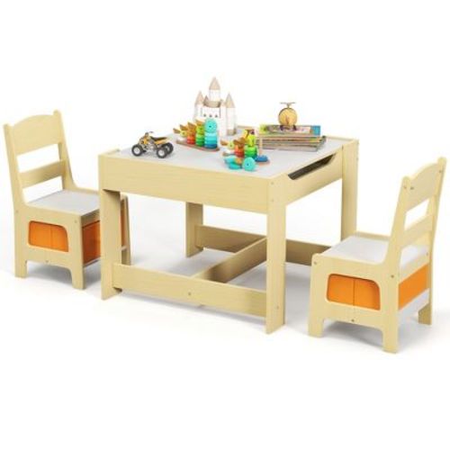 Costway Kids Table Chairs Set With Storage Boxes Blackboard Whiteboard Drawing GreyNature
