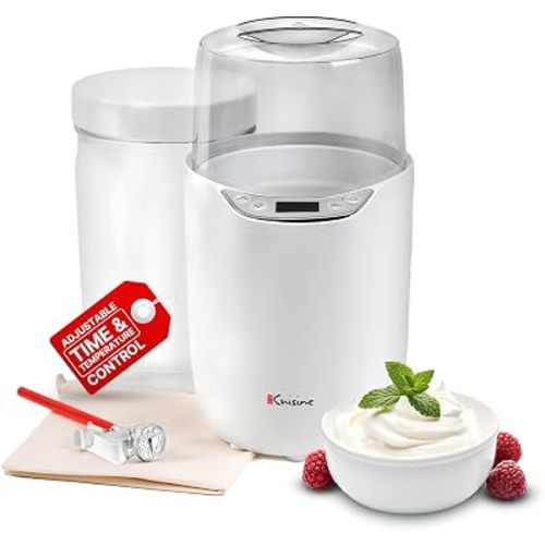Euro Cuisine YM260 Yogurt Maker with Adjustable Time & Temperature Control, 2-Quart Glass Jar, Free Thermometer & Cotton Strainer Bag, 2025 Edition, White, Make Yummy Organic Probiotic Yogurt at Home