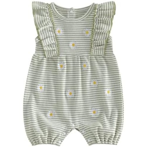 Infant Baby Girl Summer Clothes Daisy Embroidery Ruffle Sleeve Romper Onesie Waffle Jumpsuit Newborn Outfit