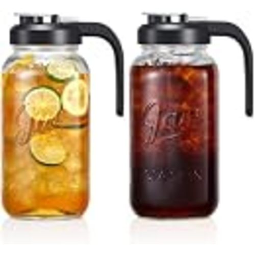 Set of 2, Glass Pitcher with Lid - 2 Quart Mason Jar Pitcher with Filter Lid, Wide Mouth Jar Leak-proof Water Jug, Heavy Duty Container for Water, Juice, Milk, Tea, Iced Coffee, and Drinks