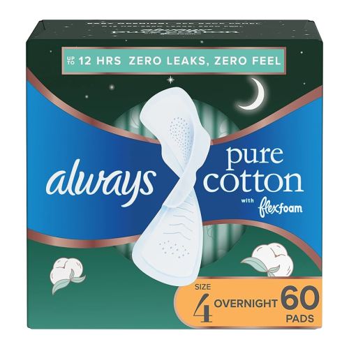 Always Pure Cotton Feminine Pads for Women, FlexFoam Pads with Wings, Size 4, Overnight Absorbency, Unscented, 60 Count (3 Packs of 20)