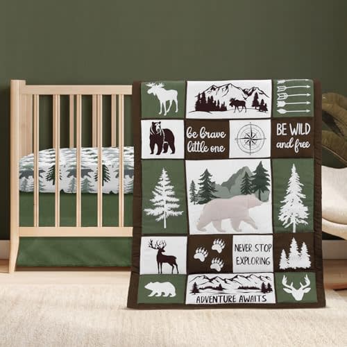 Hahafelt 3 Pcs Woodland Crib Bedding Set for Boys, Green Elk Bear Baby Crib Sets for Newborn, Infant & Toddler Nursery Bed Set Decor with Fitted Sheet, Dust Ruffle, Comforter