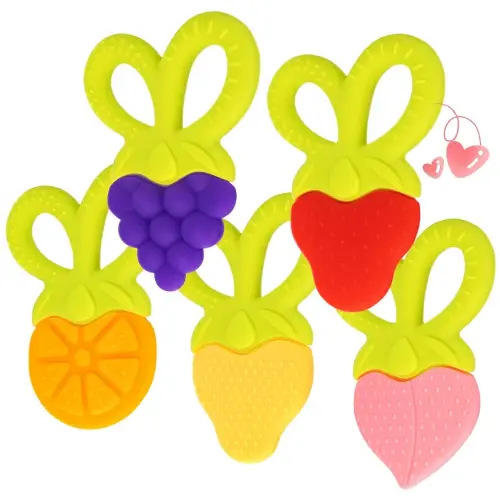 SHARE&CARE BPA Free Silicone Fruit Baby Teether Toys Baby Teething Toys with Storage Case, for 3 Months Above Infant Sore Gums Pain Relief(Heart Handle)