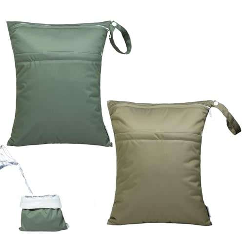 ALVABABY 2pcs Waterproof Wet Dry Bags,Reusable with Two Zippered Pockets,Baby Cloth Diaper,Travel,Beach,Pool,Daycare,Soiled Baby Items,Yoga Gym Bag,Swimsuits or Wet Clothes LW2122