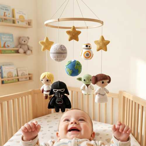 Handmade Crochet Crib Mobile | Space Heroes, Planets, Stars Nursery Decor | B88D