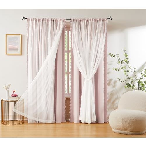 Pink Blackout Curtains with Sheer Overlay for Bedroom, Mix & Match Double Layer Pom Pom Curtains for Girl Nursery, Living Room, Rod Pocket Thermal Insulated Window Panels with Tiebacks 52W X 84L, 2pcs