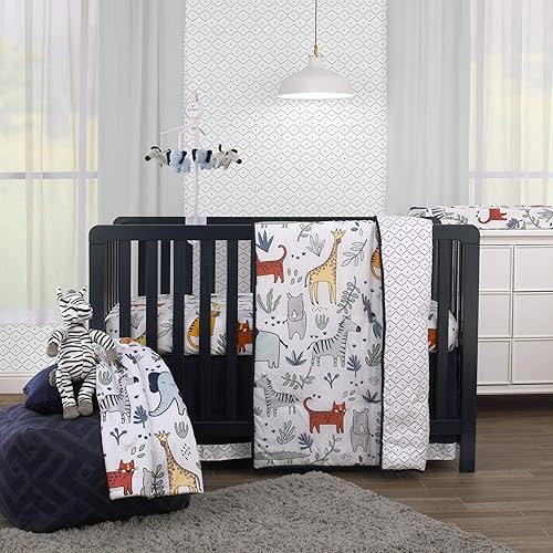 Carter's Safari Party - 4Piece Nursery Crib Bedding Set - Comforter, Fitted Sheet, Dust Ruffle & Plush Baby Blanket, Grey, Blue, Green, Orange