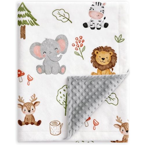 HOMRITAR Animals Baby Blanket for Boys Girls Double Layer Dotted Backing | Soft Cozy Throw Blanket with Woodland Elephant Lion Print for Infant Toddler Nursery Crib Stroller Shower Gift 30 x 40 Inch
