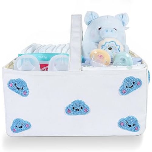 Baby Diaper Caddy Organizer with Handle - Durable Canvas Storage Basket with Cloud Embroidery, Portable Nursery Organizer for Newborn Essentials, Diaper Travel Bag, Baby Shower Basket-Blue